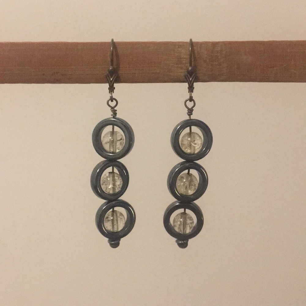 Hematite Disk and Crystal Earrings